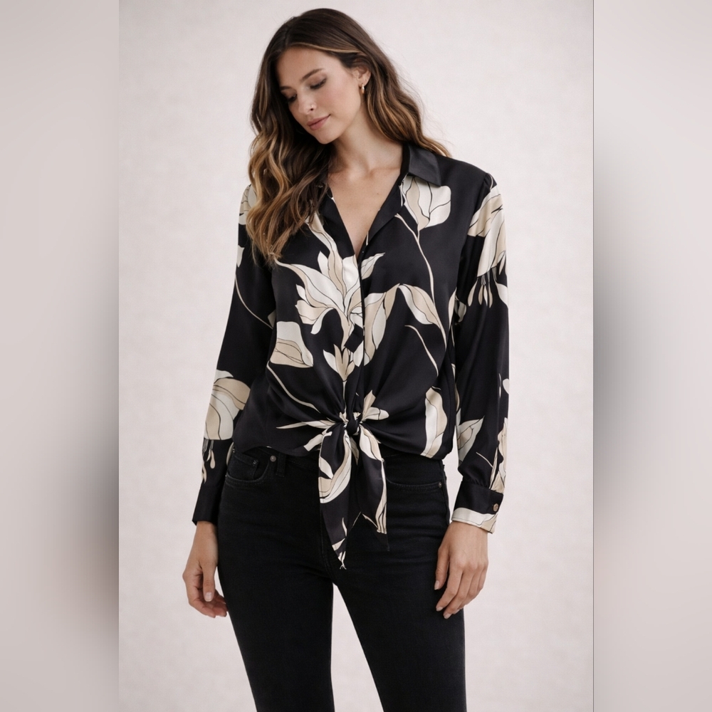 Bailey 44 Black Floral Tie Front Blouse